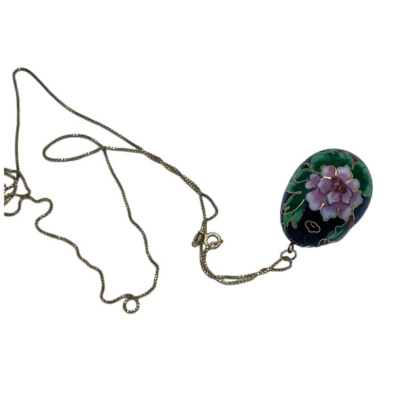 Vintage black Cloisonné black Easter egg shape long gold Sterling silver chain - Picture 13 of 13